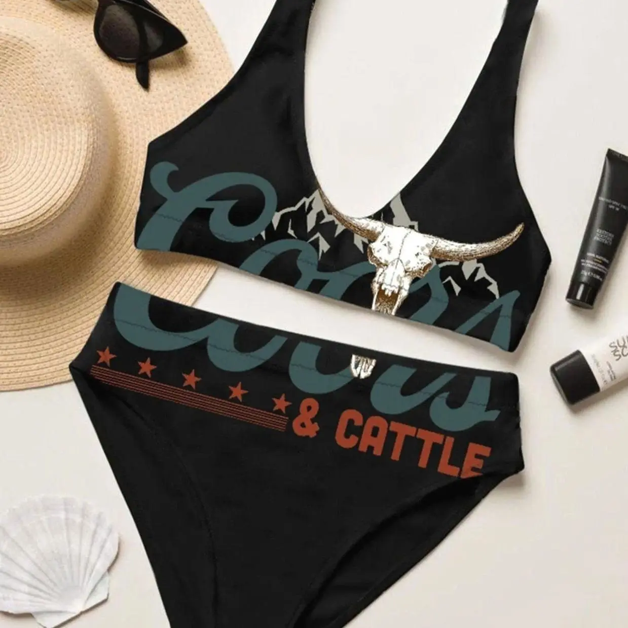 Coors Cattle Black Bikini Set, Trendy Swimsuit for Women, 2026 Independence Day Gift, Quick-Drying Clothing, Outdoor Wear, Summer Beach Outfit, Gift for her LK7 P4C