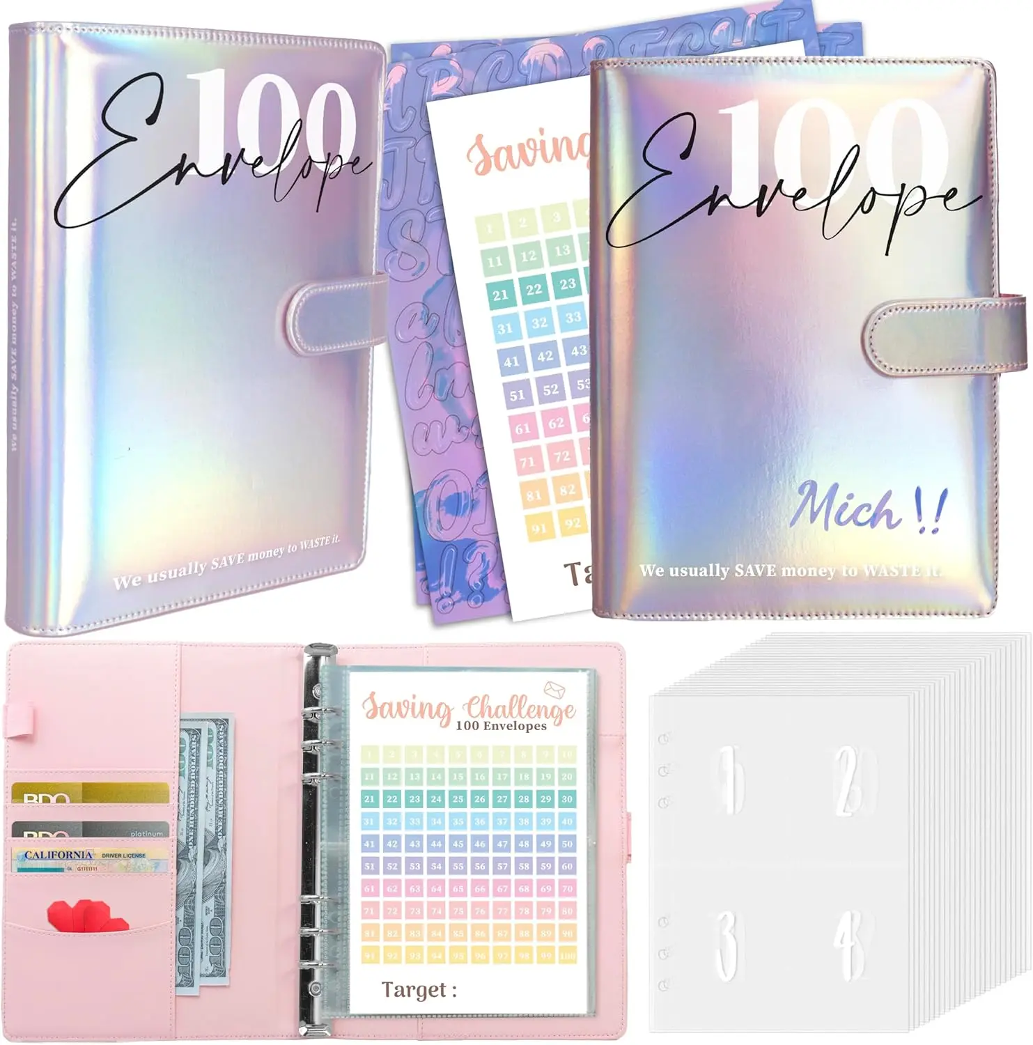 Money Saving Challenge with Reusable Tracker 100 Envelopes Savings Book - Fun Way to Save