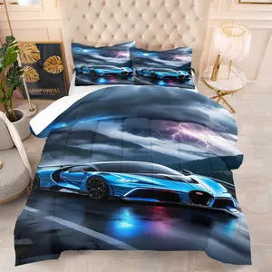 2/3 Pcs Lightning Blue Sports Car Stylish Bedding Comforter Set, Comforter & 1/2 Pillowcases (no filler), All-Season, Lightning Sports Car Pattern, Fits Bedroom/Sports Car Room/Dorm Decor, Ideal for Sports Car Players/Students/Trendsetters/Holiday Gifters