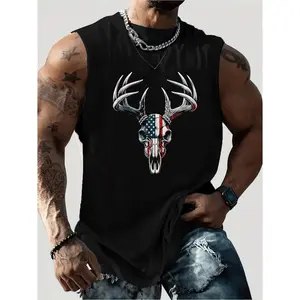 Deer Skull American Flag Tank Top for Hunters Patriot Gift Outdoorsman Muscle Tee Sleeveless T-Shirt Hunting Lifestyle Apparel Rugged Patriot Shirt