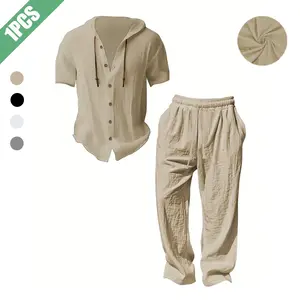 Trendy Men's Linen Hooded Two-Piece Set, Casual Vacation Style, Loose Fit Breathable Fabric, Hoodie & Wide-Leg Pants, Suitable for Spring and Fall SpringStatements