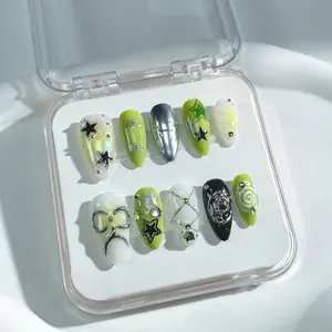 Handmade Press on Nails Y2K Diamond Green Almond bubble bath luxury Creative charm design Medium Hand-painted False Nails kit