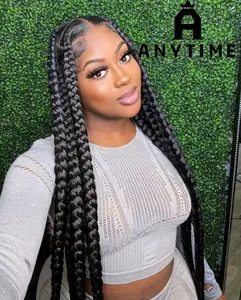 Anytime Wigs 36-Inch Long Knotless Color Box Braided Wig, Full Lace Braiding Wig for Women, Synthetic Knotted-Edge Braided Lace Front Wig, Luxurious Fluffy Lace Wigs for Parties and Everyday Wear
