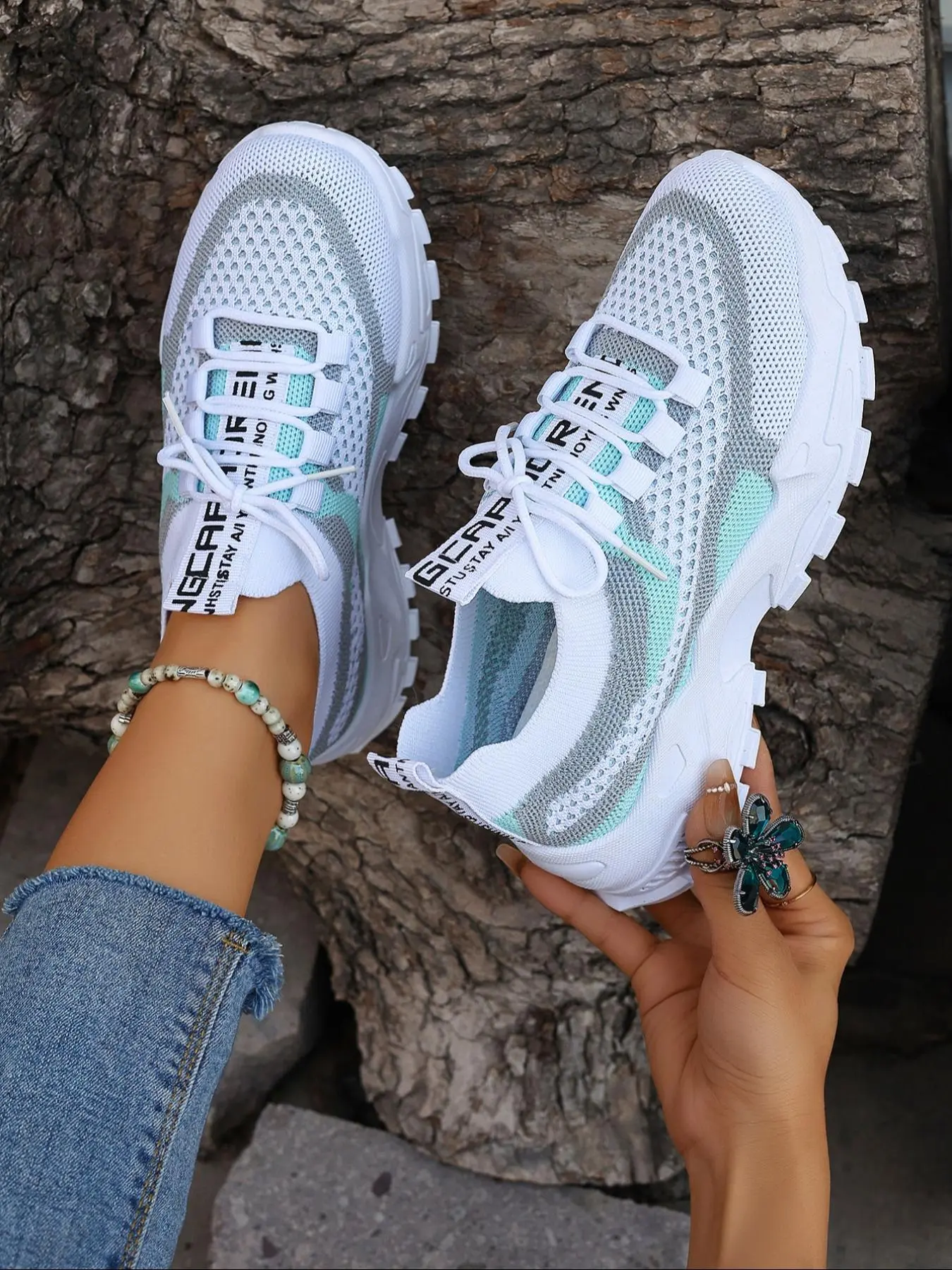 Women's Fashionable Letter Print Lace-Up Mesh Sneakers, Casual Comfortable Breathable Sports Running Shoes, Athletic Running Shoes, Athletic Running Trainers, Versatile Basic Shoes for Daily Wear