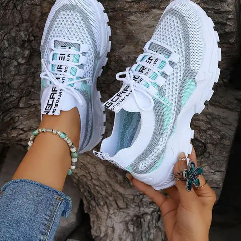 Women's Fashionable Letter Print Lace-Up Mesh Sneakers, Casual Comfortable Breathable Sports Running Shoes, Athletic Running Shoes, Athletic Running Trainers, Versatile Athletic Footwear, Versatile Basic Shoes for Daily Wear
