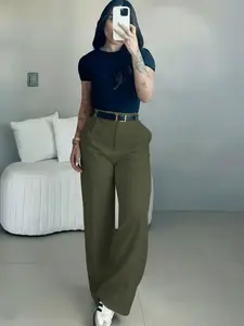 Women's High Waist Slim Straight Leg Pants, Conceal Hip, Casual Office Wear, Everyday, Long Trouser, No Belt Included, Versatile and Comfortable