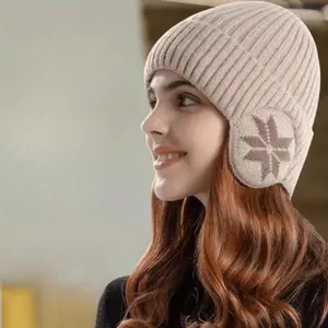Unisex Winter Knit Hat with Detachable Ear Flaps – Windproof Thermal Beanie with Snowflake Pattern, Soft Textile Material for Outdoor Sports and Cold Weather
