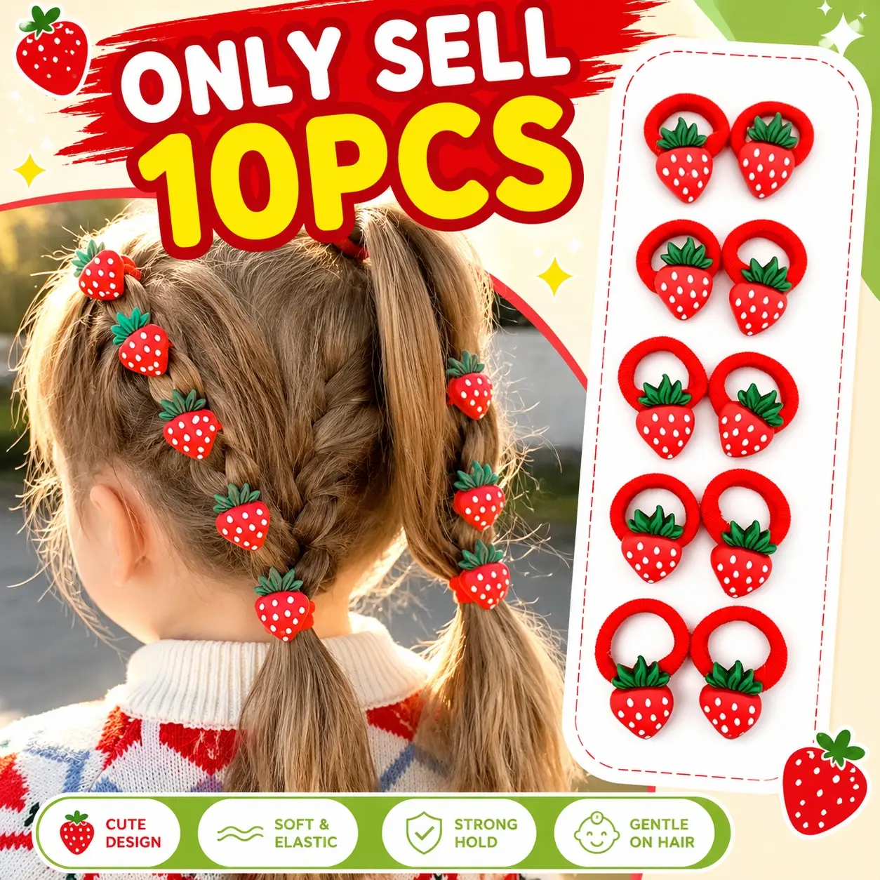 10pc cute strawberry cherry fruit hair ties, decorative red holiday towel headbands for girls, girls' hair elastics and headbands