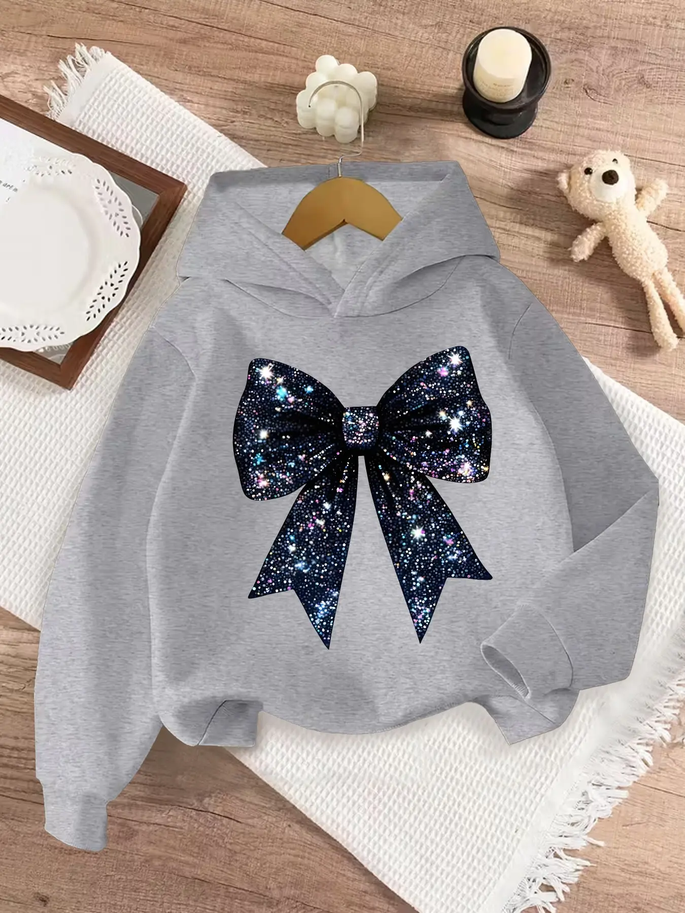 Girls' Spring & Fall Casual Bow Print Hooded Long Sleeve Sweatshirt, Comfortable Versatile Pullover, Aesthetic Cozy Hoodie, Perfect Gift