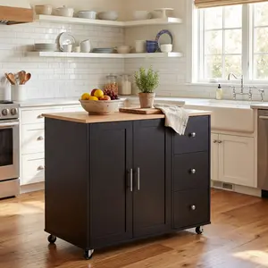 ARCH Mobile Kitchen Cart with Storage, 39.76'' Rolling Kitchen Island with 2 Doors, 3 Drawers & Adjustable Shelf, Black Utility Cart for Kitchen/Dining Room