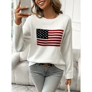Round neck sweater with American flag pattern, elegant long sleeved sweater for autumn and winter, women's clothingRAIMENTRY