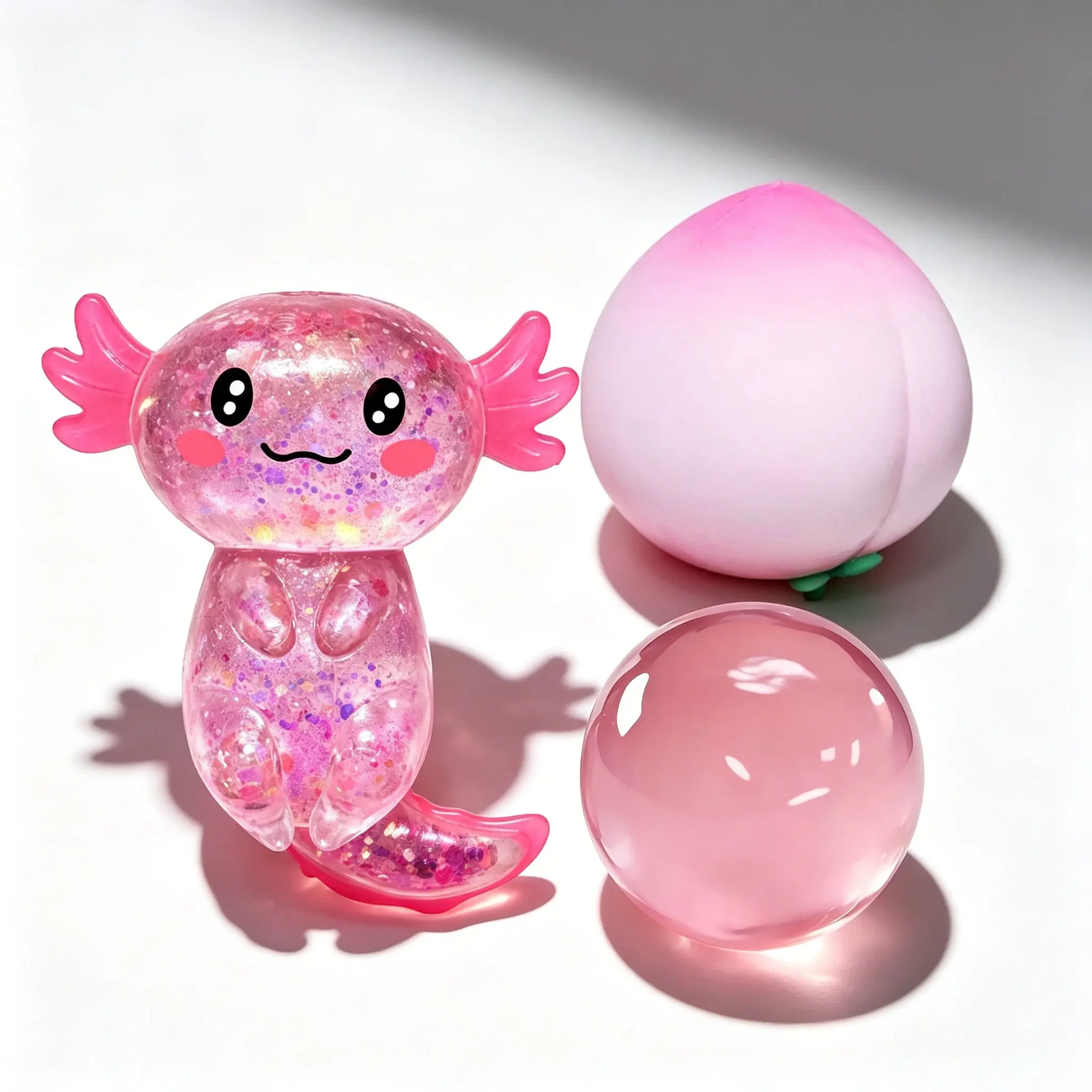 3-Piece Glitter Slippery Toy Set, Peach and Transparent Jelly Stress Ball, Anxiety Relief Slow Rebound Fidgets Tpr Squeeze Toy, Portable Bag, Party Gift, Fidget Sensory Set, Stress Relieving Tool, Sensory Stress Reliever