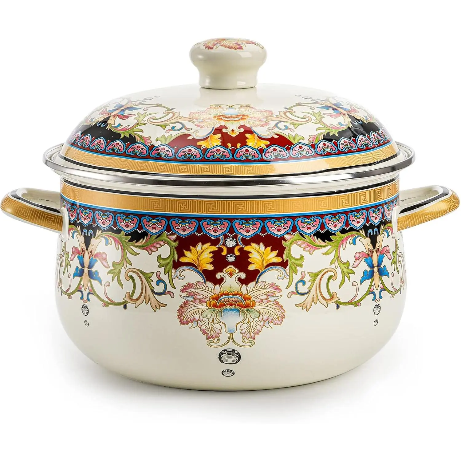 Kitchen Enamel Stockpot with Lid, 4.5 Quart Retro Flower Stew Bean Cooking Pot,  Thicken Soup Pot with Handles, Nonstick, Safe for Induction Cookers, Gas Stove