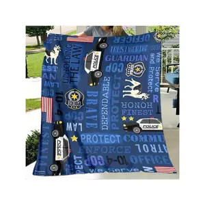 Vibrant Blue Police Themed Throw Blanket with Police Cars, K9 Dogs, Badges & Patriotic Accents