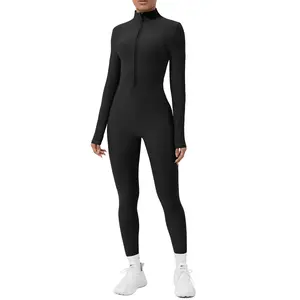 European and American Style Fleece-Lined One-Piece Yoga Suit Long Sleeve Half-Zip Fitness Suit One-Piece Dance Sports Tight-Fitting Jumpsuit