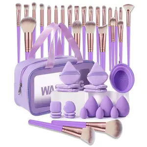 45PCS All-in-One Makeup Tools Set, Waterproof Zipper Cosmetic Bag, 25PCS Soft Makeup Brushes, Makeup Sponges, Triangle Powder Puffs, Facial Cleansing Sponges, Hairband and Cleaning Tool, Portable Travel Beauty Kit