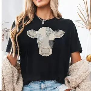 【100% cotton】 Patchwork Cow T-Shirt, Quilted Farm Animal Head Tee, Gingham Floral Rustic Cow Lover Shirt, Cottagecore Farmhouse Gift, Printed Shirt