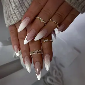 24 pieces long almond shaped wearing nail white French gradient fake nail glitter nail art