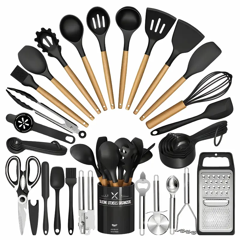 A 33-Item Cooking Set Featuring Wooden Handles in Black And Khaki, Perfect for Non-Stick Cooking, Making It an Excellent Gift for Christmas And New Year