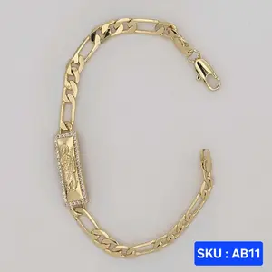 Saint Jude Bracelet 8 inches Long (San Judas), San jude Plate with Clear Stones 9mm wide 35mm long, Chain Figaro link 6mm wide plain  Laminated Gold jewerly SKU : AB11