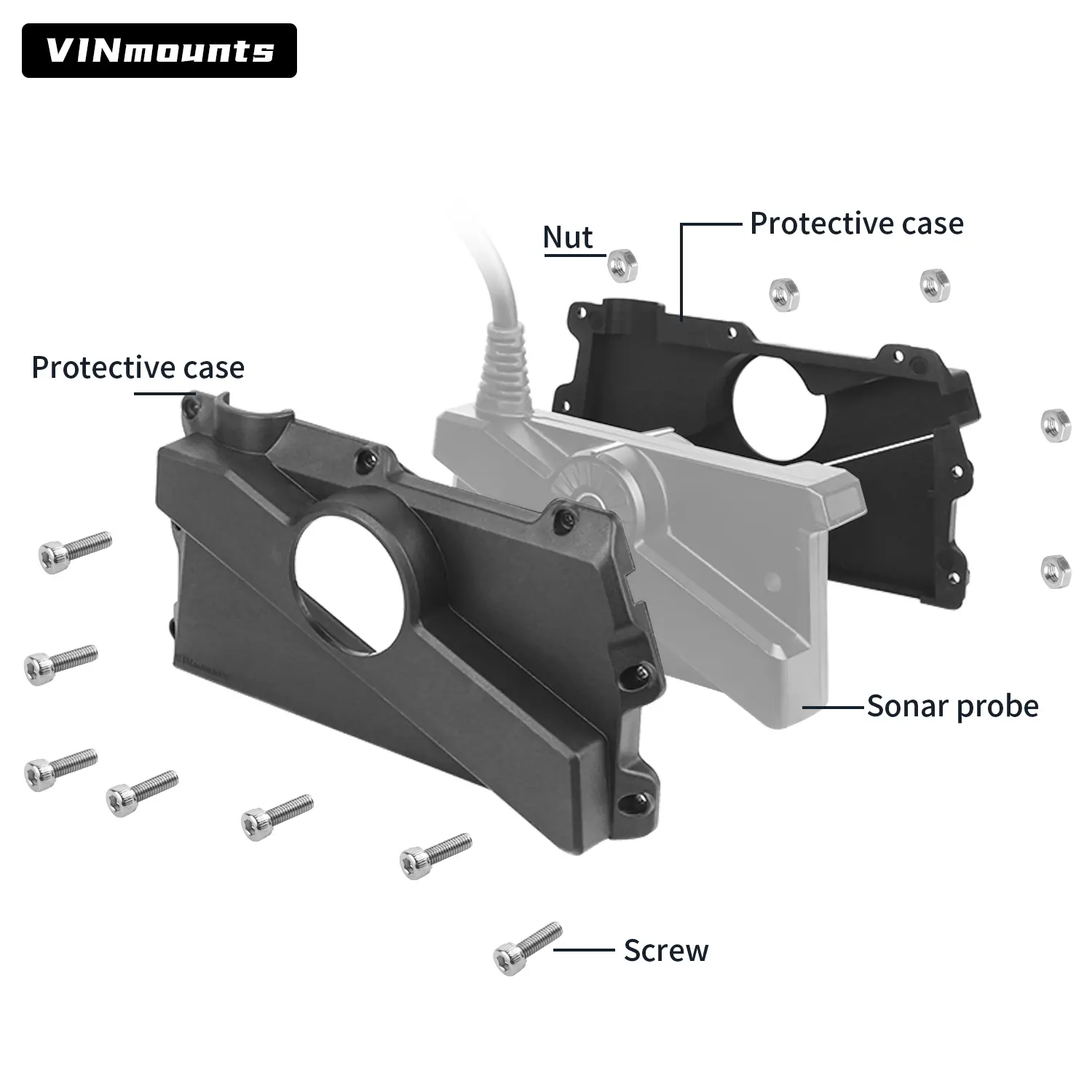 VINmounts Travel Transducer Cover for LiveScope LVS34, 30% Glass Fiber Reinforced Heat-Stabilized Nylon Fishing Fish Finder Mount Bracket, 4x Stiffer, 3x Stronger, 360° All-Round Protection, Scratch-Resistant, Wrench & Screw Installation Compatible