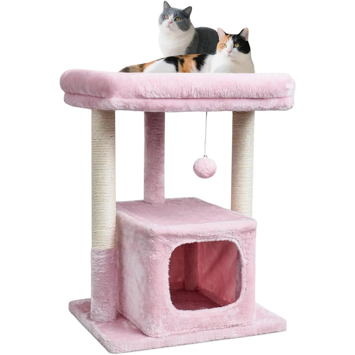 Small Cat Tree for Indoor Cats Large Adult, 27" Activity Tower with  Posts, Modern House with Padded Perch, Kittens Condo, Cat Cave, Pink