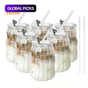 Glass Cup with Straw & Lid, 4/6 Counts Glass Cup Set Portable Clear Ripple Glass Cup with Cleaning Brush, Summer Cool Bottle Drinking Cup for Coffee, Latte, Water, Macha, Juice #TOP PICKS