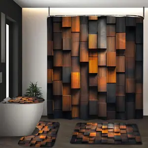 Wooden Block Pattern Bathroom Accessories, 1 Set Including Shower Curtain & Toilet U-shape Mat & Toilet Lid Cover & Bath Mat, Bathroom Decor Supplies, Bathroom Decoration Accessories