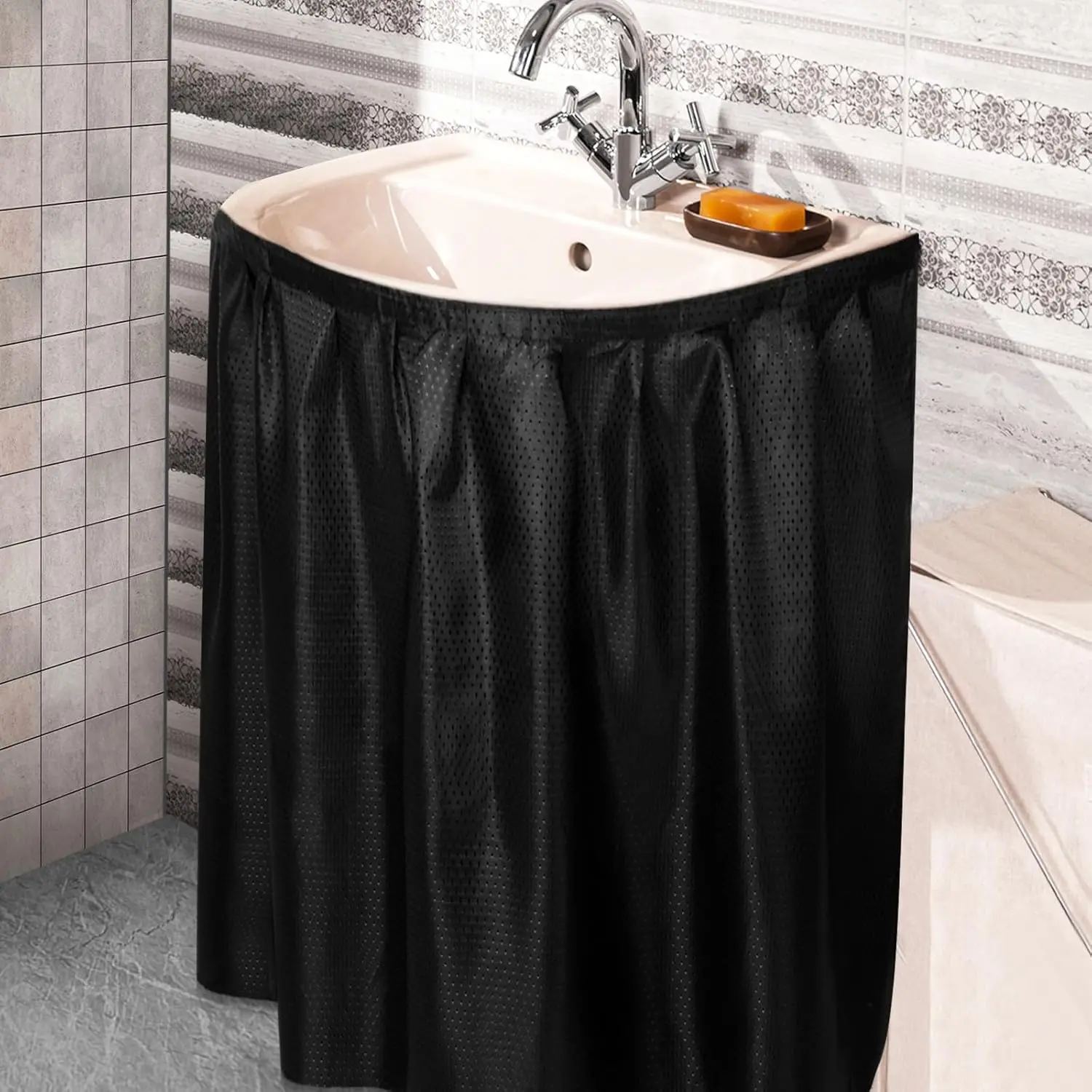 Fabric Sink Skirt  Bathroom Stitch Self Stick Adhesive  Fabric Under Sink Curtain Skirt 55 x 32 Inch Adds Bathroom Storage(Black,Classic Style)