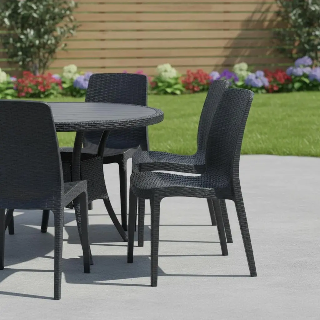 360 Stand Armless Legged Outdoor Dining Chairs - Set of 4 Heavy-Duty Black Plastic Stacking Basket Weave Textured Weatherproof Chairs, 34.6x22.8x18.9 in, Armless Legged Chair