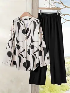 Fashionable 2-Piece Women's Color Block Printed Long Sleeve Fitted Shirt and Pants Set, Perfect for Indoor and Outdoor Activities, Ideal Commuting and Casual