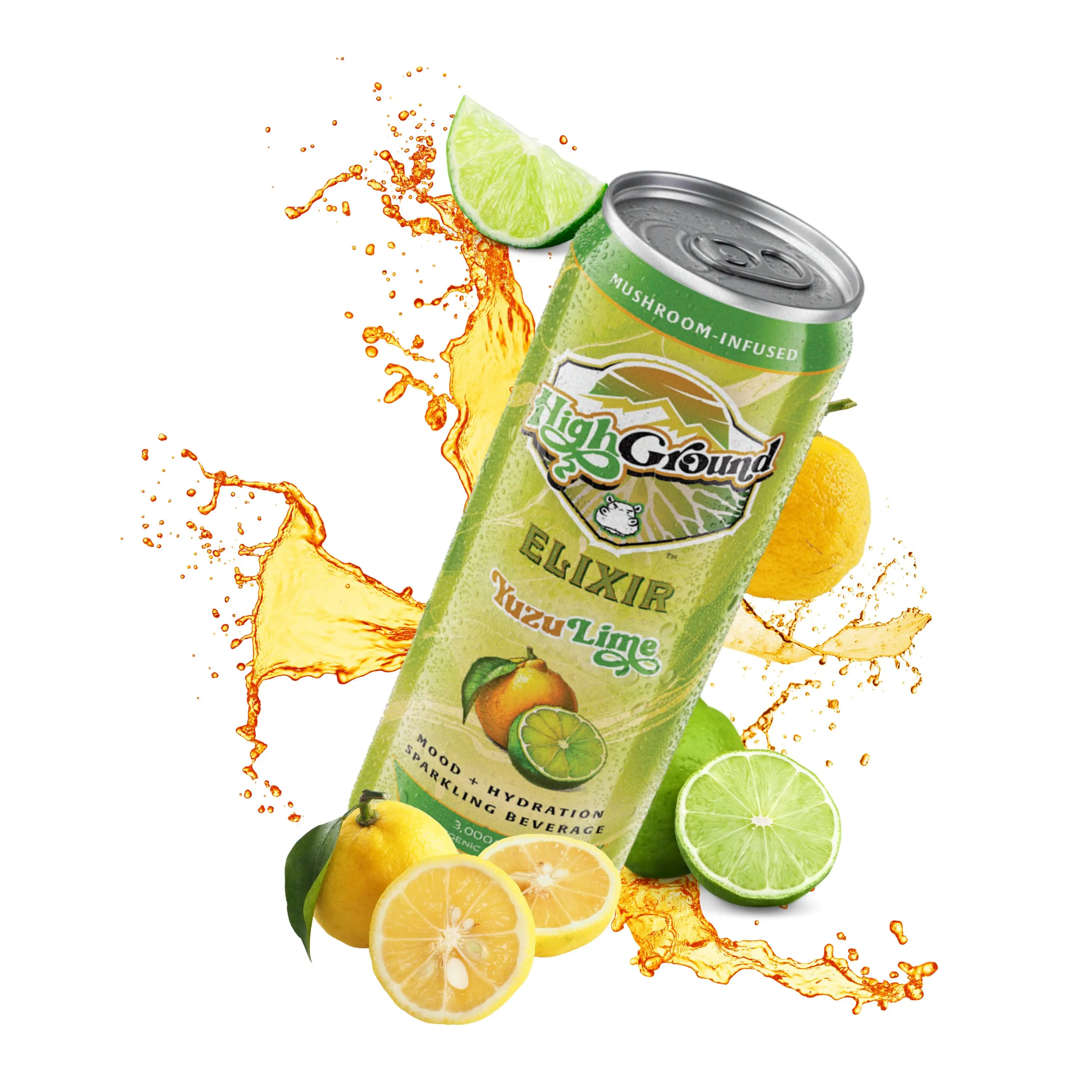 High Ground Elixir Yuzu Lime Adaptogenic Mushrooms Mood + Hydration Sparkling Drink with 5 Organic Mushrooms & Electrolytes Natural Organic Beverage - Fruit