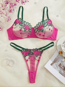 women's floral embroidery sheer lace bra & thong set, adjustable strap wireless bra & panty set, lingerie set for women