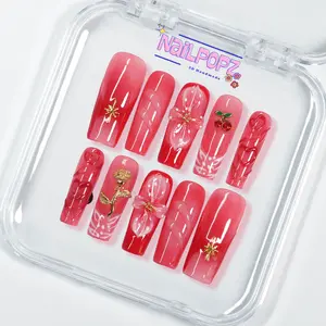 NailPopz SCARLET BLOOM - 100% Handmade 3D Press-On Nails | Durable, Reusable, and Salon-Grade Finish