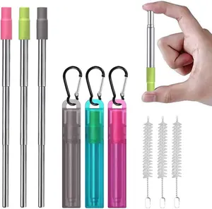 Metal Reusable Collapsible Straws with Silicone Tip, Telescopic Portable Stainless Steel Reusable Straws with Case & Cleaning Brush, Keychain Drinking Straw for Travel, School, Picnic 3 Pack