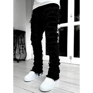 Men Trousers Individual Patched Pants Long Tight Fit Stacked Jeans for Mens Clothing