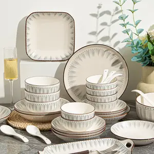 20/35/45 piece set of ceramic tableware, simple yet sophisticated, with edge lines designed to hold delicious dishes such as turkey, pumpkin pie, and grilled pudding, suitable for Christmas gatherings