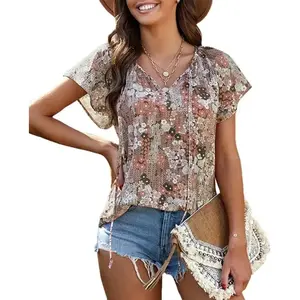 Women's Casual Floral Ruffle Short Sleeve Tops Cute Boho V Neck Loose Blouses Summer Fall Shirts(Sheet)