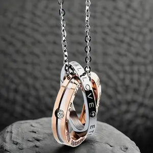A Unique Double Ring Stainless Steel Pendant Jewelry, Classic Best-Selling Titanium Couple Necklace