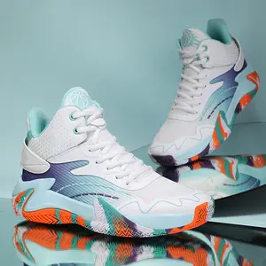 Mesh breathable sneakers non-slip basketball shoes casual running shoes with an irregular upper pattern and sole pattern anti-slip feature White Activewear basketball shoes