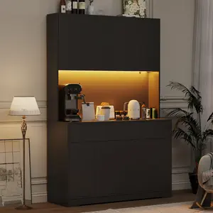 71" Tall Storage Cabinet w/Power Outlet and Led Light, Large Kitchen Hutch Pantry Cabinet w/ 2 Drawer and 8 Doors,Modern Freestanding Buffet Cabinet for Kitchen,Dining Room (Black/White)