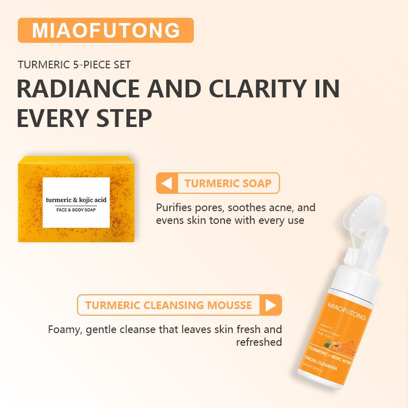 Turmeric 6-Piece Skincare Set with Massage Cleansing Brush – Includes Turmeric Clay Mask, Turmeric Mousse Cleanser, Turmeric Soap, Turmeric Face Cream, and Turmeric Oil. A complete cleansing and skincare kit