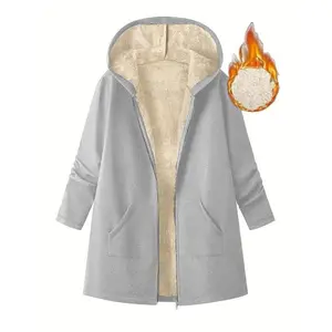 Women’s long hooded jacket, autumn/winter casual jacket, solid wool-lined warm coat, suitable for everyday wear