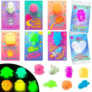28Pcs Kids Valentines Cards Mochi Stress Relief Toys with Glow-in-The-Dark / Glitter Mochi / Animal Mochi Squishy Stress Relief Classroom Exchange Prizes Valentine Party Favor Toy 2025 Valentine Exchange Cards