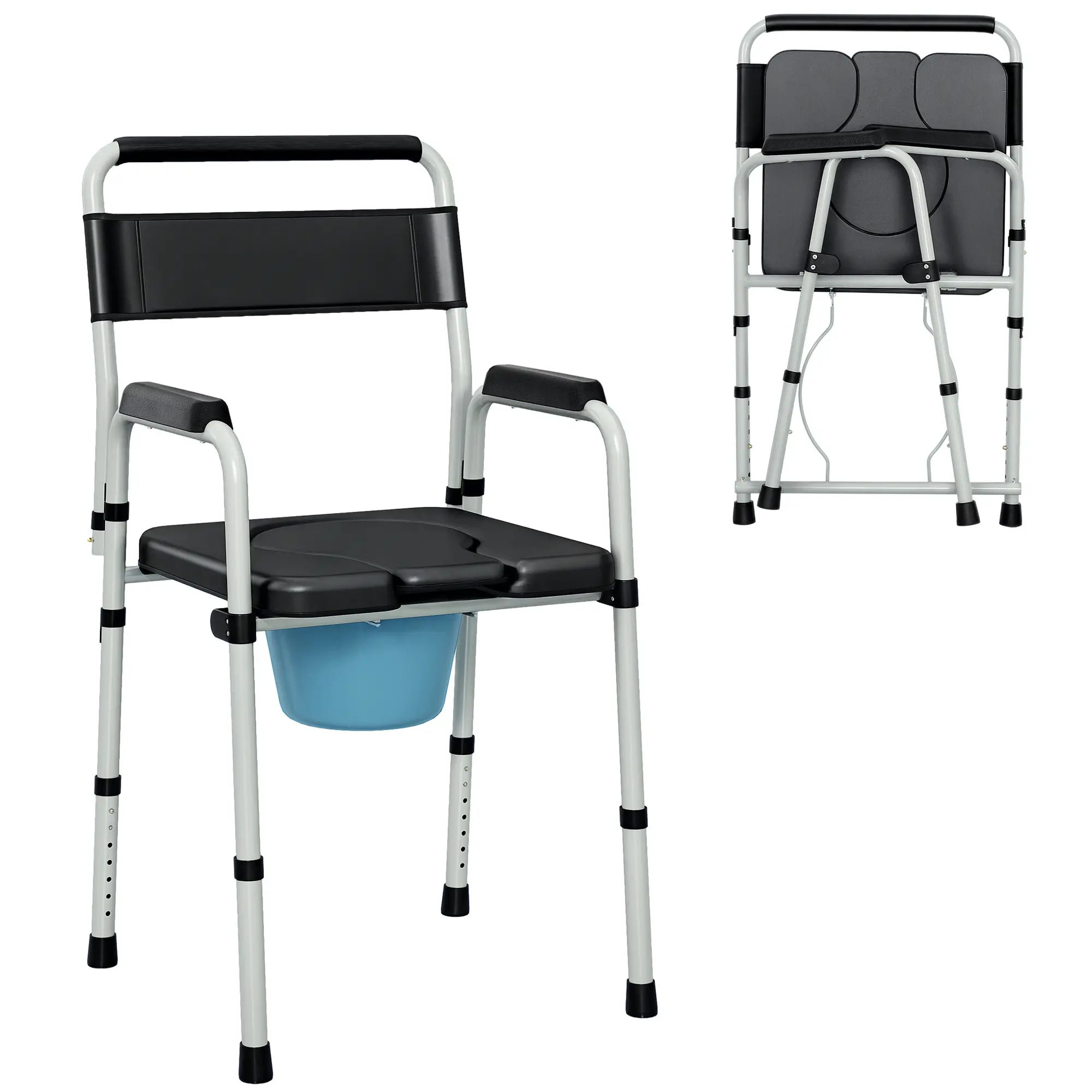 4-in-1 Bedside Commode Chair – 7-Level Height Adjustable, 331 lbs Capacity. Foldable with Lift-Out Bucket. Anti-Slip Feet, Handles & Back Support. Black