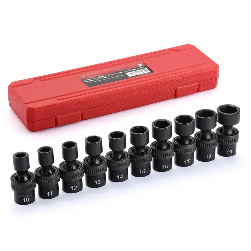 10 PCS 3/8" Drive Standard Universal Impact Socket Set, 6 Point, CR-MO, Metric,10-19mm High Torque Tool Hex Wrenches