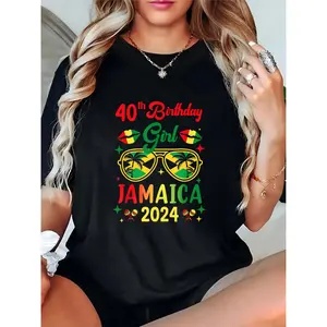 Women's 40th Birthday Girl Jamaica 2024 T-Shirt with Jamaica Flag Sunglasses Palm Trees Maracas Stars for Birthday Party Jamaica Themed Events 40-Year-Old Female Outfit 100% Cotton T-shirt