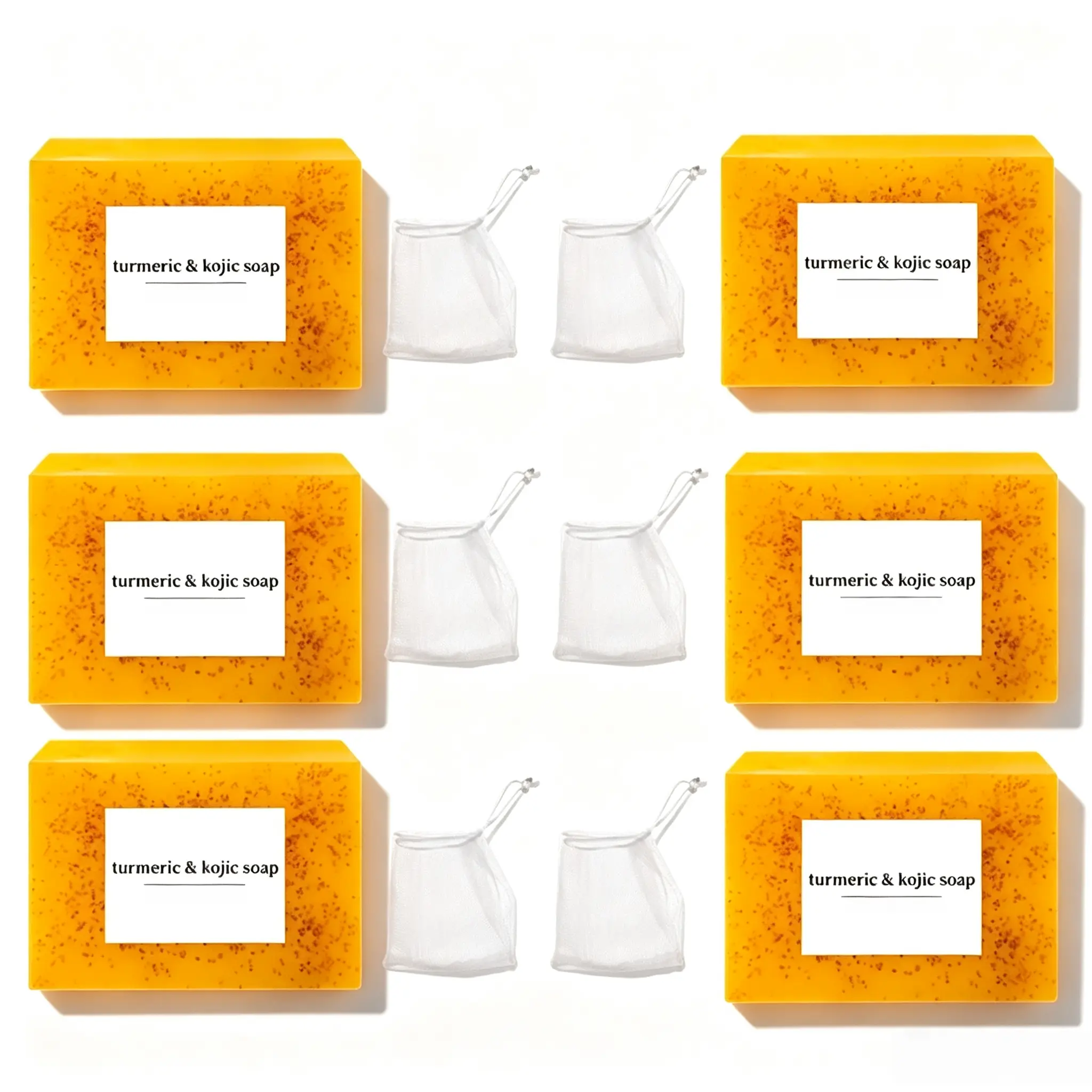 Lemon Turmeric & Kojic Acid Soap Bar Set with Soap Saver Bags, Gentle Moisturizing Face & Body Wash, Dark Spot Reducer Daily Cleanser for Acne-Prone Skin