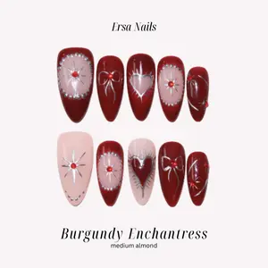 ErsaNails BURGUNDY ENCHANTRESS - Medium Almond 10 PCS Handmade Press On Nails | Chrome