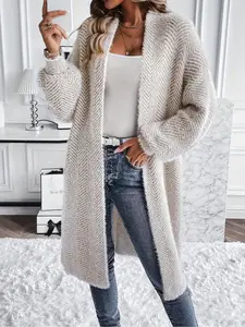 Women's Solid Color Long Sweater Cardigan, Casual Open Front Knit Cardigan for Spring & Fall, Fashion Women's Knitwear for Daily Wear